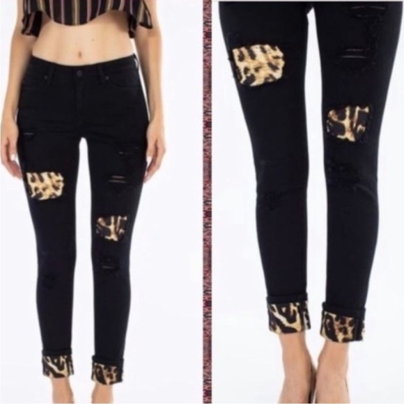 KanCan Jeans Womens Black Cheetah Print Cuff Distressed Black Ankle Jeans Size 5 - Picture 3 of 9